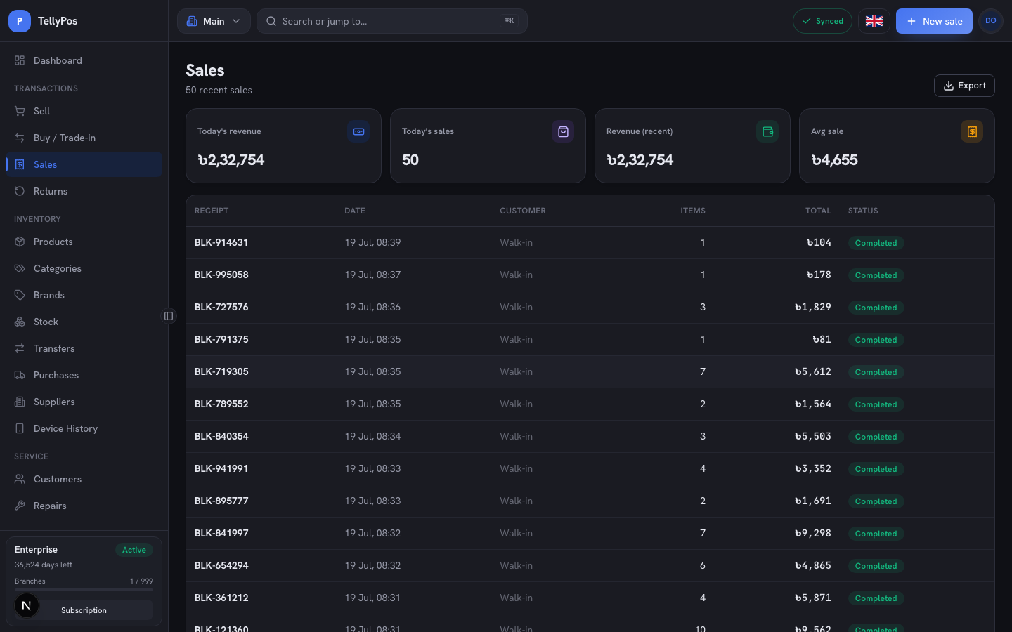 Sales — every receipt with items, totals and status, filterable and export-ready.